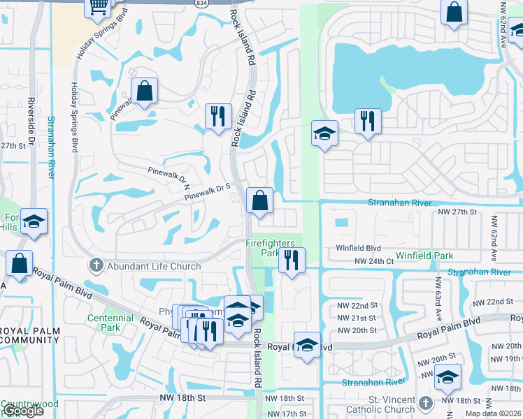 map of restaurants, bars, coffee shops, grocery stores, and more near 6960 Northwest 27th Court in Margate