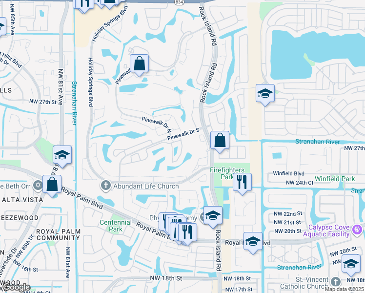 map of restaurants, bars, coffee shops, grocery stores, and more near 7348 Pinewalk Drive South in Margate