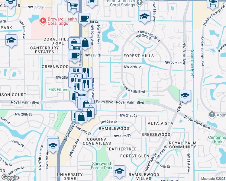 map of restaurants, bars, coffee shops, grocery stores, and more near 2420 Northwest 89th Drive in Coral Springs