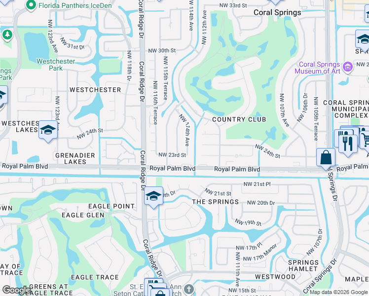 map of restaurants, bars, coffee shops, grocery stores, and more near 2350 Northwest 114th Avenue in Coral Springs
