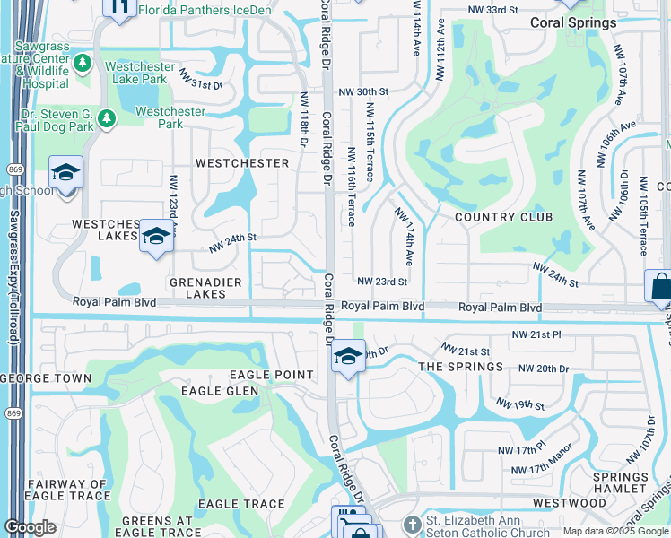 map of restaurants, bars, coffee shops, grocery stores, and more near 11617 Northwest 23rd Court in Coral Springs
