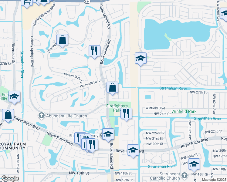 map of restaurants, bars, coffee shops, grocery stores, and more near 6960 Northwest 27th Court in Margate