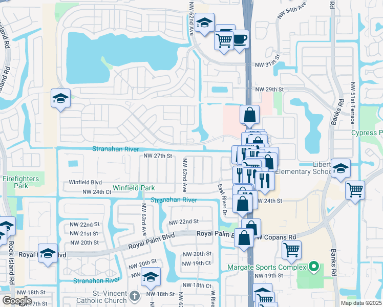 map of restaurants, bars, coffee shops, grocery stores, and more near 6117 Northwest 27th Street in Margate