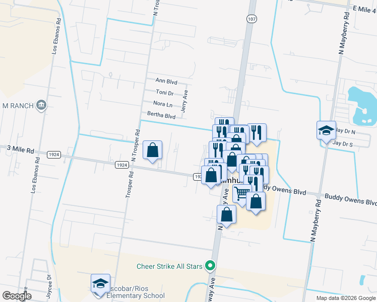 map of restaurants, bars, coffee shops, grocery stores, and more near 330 West Mile 3 Road in Palmhurst