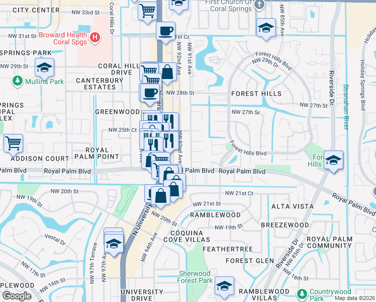 map of restaurants, bars, coffee shops, grocery stores, and more near 9064 Northwest 23rd Place in Coral Springs