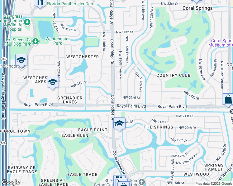 map of restaurants, bars, coffee shops, grocery stores, and more near 11617 Northwest 23rd Court in Coral Springs
