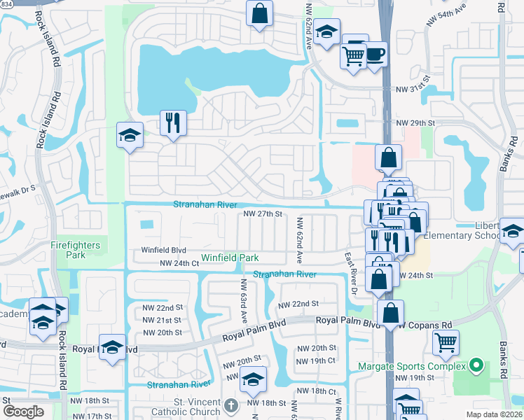 map of restaurants, bars, coffee shops, grocery stores, and more near 6361 Northwest 27th Street in Margate