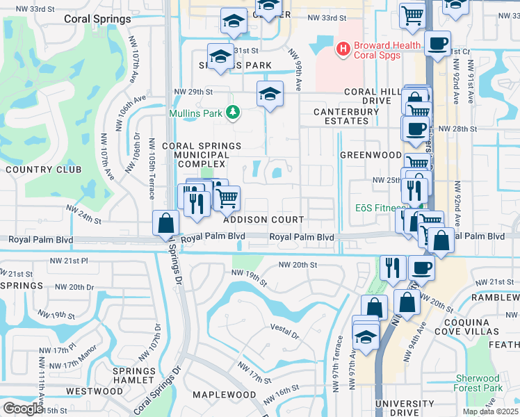 map of restaurants, bars, coffee shops, grocery stores, and more near 10125 Northwest 23rd Court in Coral Springs