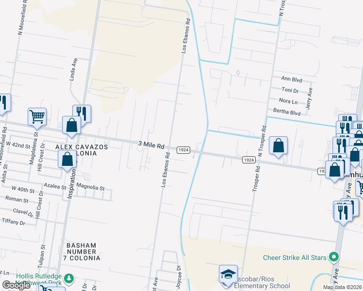 map of restaurants, bars, coffee shops, grocery stores, and more near 1404 West Mile 3 Road in Palmhurst