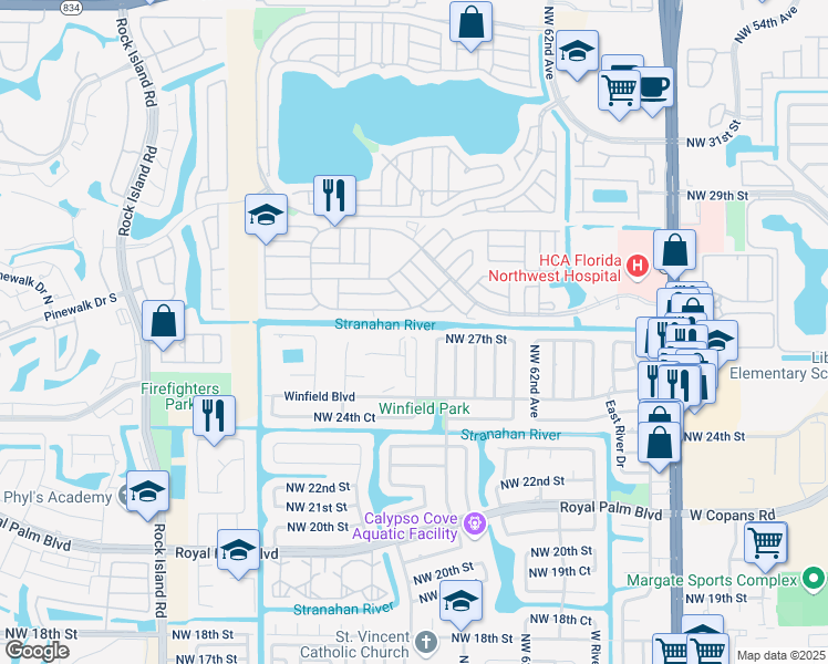 map of restaurants, bars, coffee shops, grocery stores, and more near 2701-2711 Northwest 64th Avenue in Margate