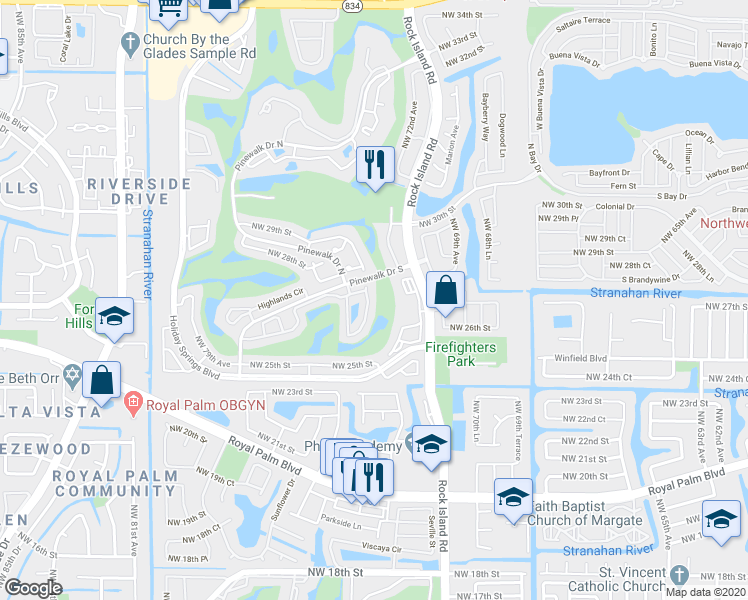 map of restaurants, bars, coffee shops, grocery stores, and more near 7348 Pinewalk Drive South in Margate