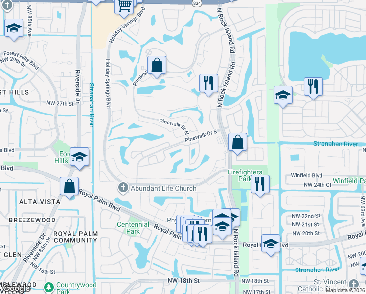 map of restaurants, bars, coffee shops, grocery stores, and more near 7458 Pinewalk Drive South in Margate