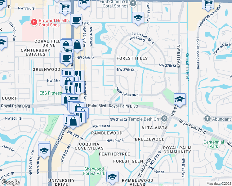 map of restaurants, bars, coffee shops, grocery stores, and more near 2423 Northwest 89th Drive in Coral Springs