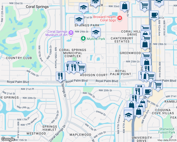 map of restaurants, bars, coffee shops, grocery stores, and more near 2340 Northwest 102nd Terrace in Coral Springs