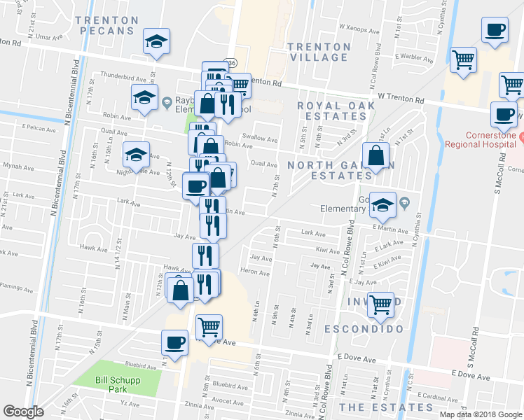 map of restaurants, bars, coffee shops, grocery stores, and more near 701 Mynah Avenue in McAllen