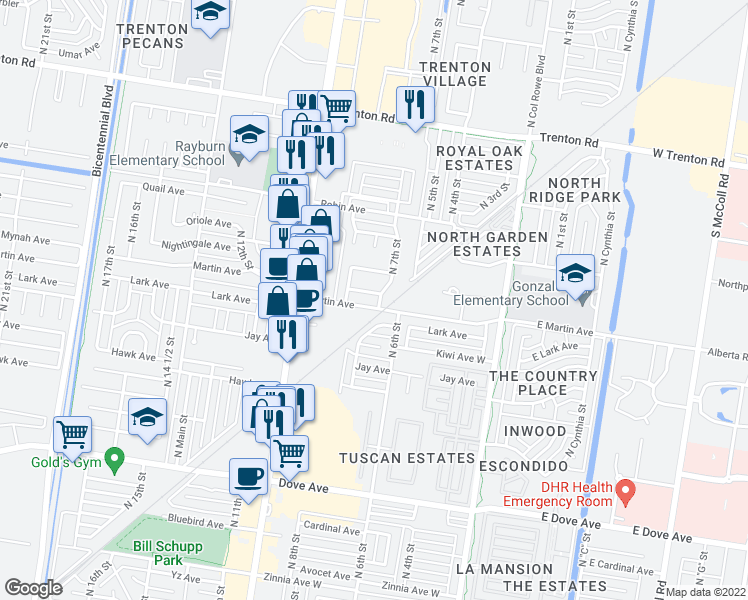 map of restaurants, bars, coffee shops, grocery stores, and more near 701 Mynah Avenue in McAllen
