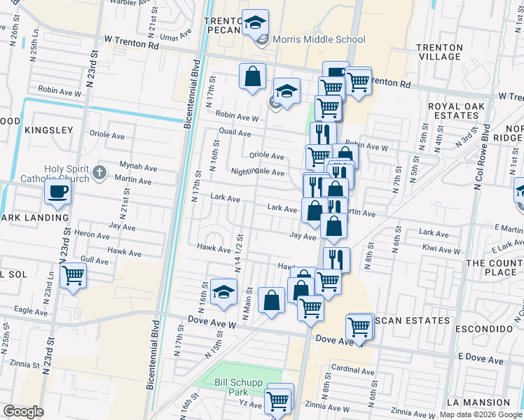map of restaurants, bars, coffee shops, grocery stores, and more near 1325 Lark Avenue in McAllen