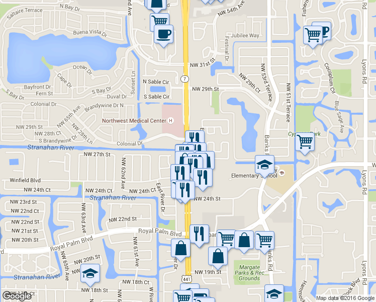 map of restaurants, bars, coffee shops, grocery stores, and more near 2722 Florida 7 in Margate