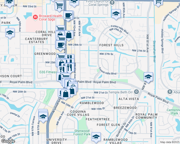 map of restaurants, bars, coffee shops, grocery stores, and more near 2420 Northwest 89th Drive in Coral Springs