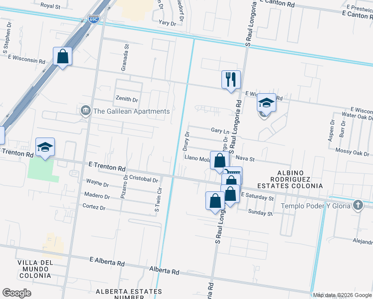 map of restaurants, bars, coffee shops, grocery stores, and more near 4023 Drury Drive in Edinburg