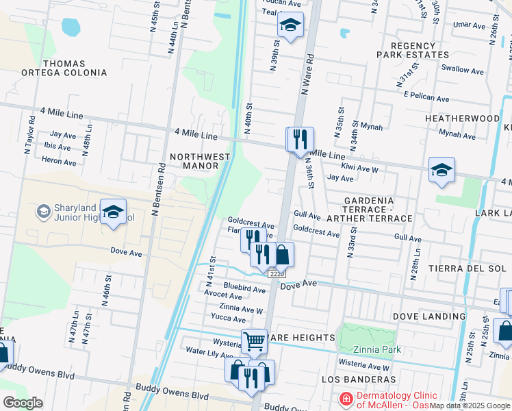map of restaurants, bars, coffee shops, grocery stores, and more near 3900 Goldcrest Avenue in McAllen