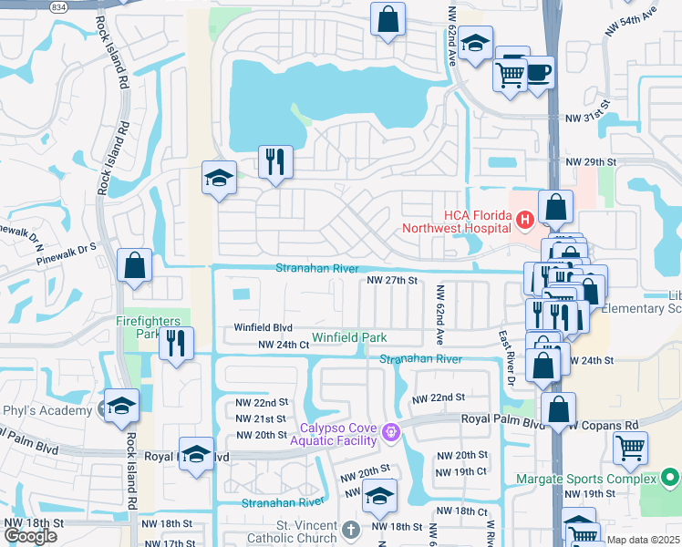 map of restaurants, bars, coffee shops, grocery stores, and more near 2701-2711 Northwest 64th Avenue in Margate