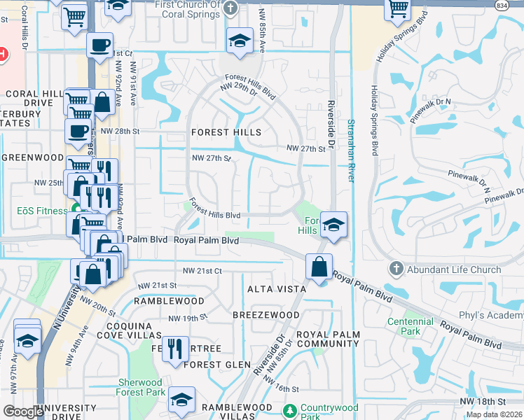 map of restaurants, bars, coffee shops, grocery stores, and more near 8548 Northwest 24th Court in Coral Springs