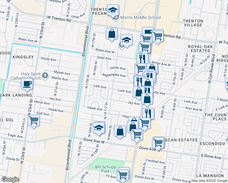 map of restaurants, bars, coffee shops, grocery stores, and more near 1325 Lark Avenue in McAllen