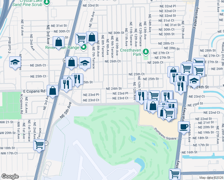map of restaurants, bars, coffee shops, grocery stores, and more near 911 Northeast 23rd Place in Pompano Beach