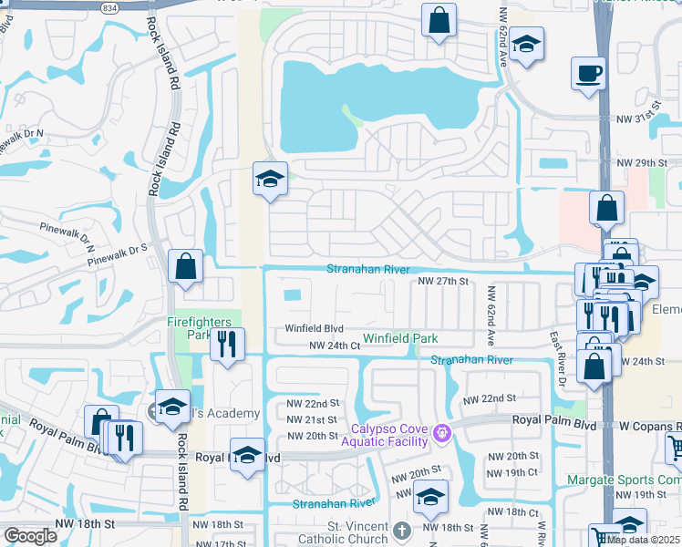 map of restaurants, bars, coffee shops, grocery stores, and more near 6613 Winfield Boulevard in Margate