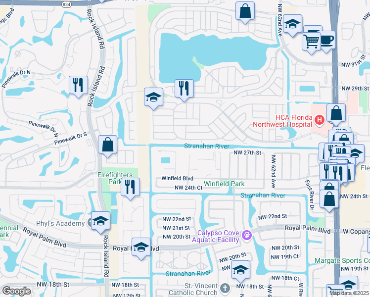 map of restaurants, bars, coffee shops, grocery stores, and more near 6613 Winfield Boulevard in Margate