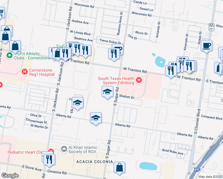 map of restaurants, bars, coffee shops, grocery stores, and more near 4301-4347 South Sugar Road in Edinburg