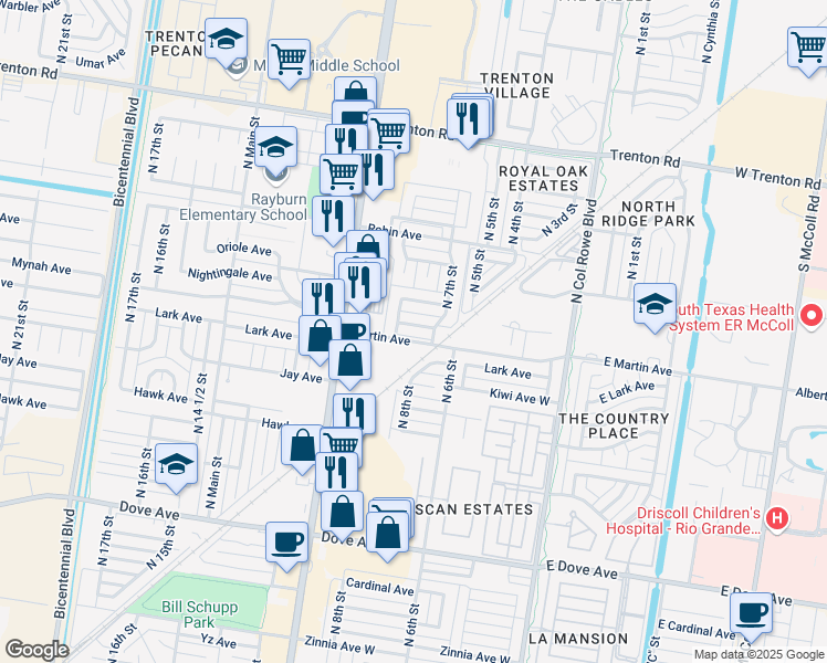 map of restaurants, bars, coffee shops, grocery stores, and more near 709 Mynah Avenue in McAllen