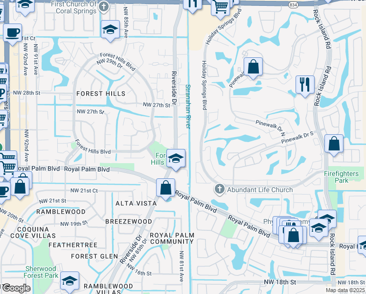 map of restaurants, bars, coffee shops, grocery stores, and more near 2401 Riverside Drive in Coral Springs