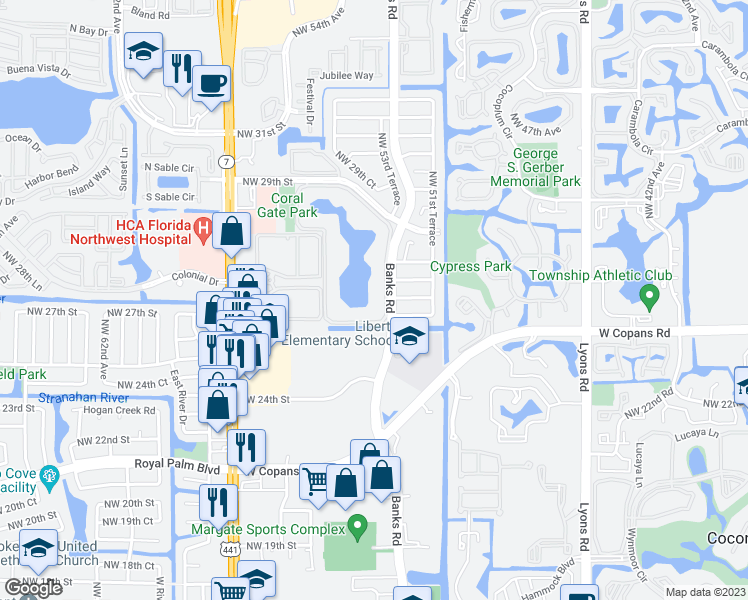 map of restaurants, bars, coffee shops, grocery stores, and more near 6224 Coral Lake Drive in Margate