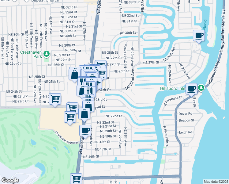 map of restaurants, bars, coffee shops, grocery stores, and more near 2701 Northeast 23rd Court in Pompano Beach