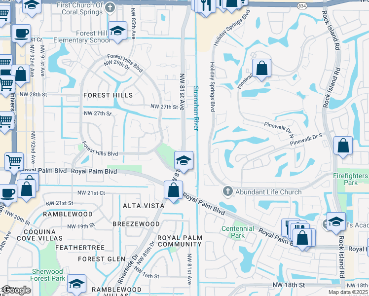 map of restaurants, bars, coffee shops, grocery stores, and more near 2401 Riverside Drive in Coral Springs
