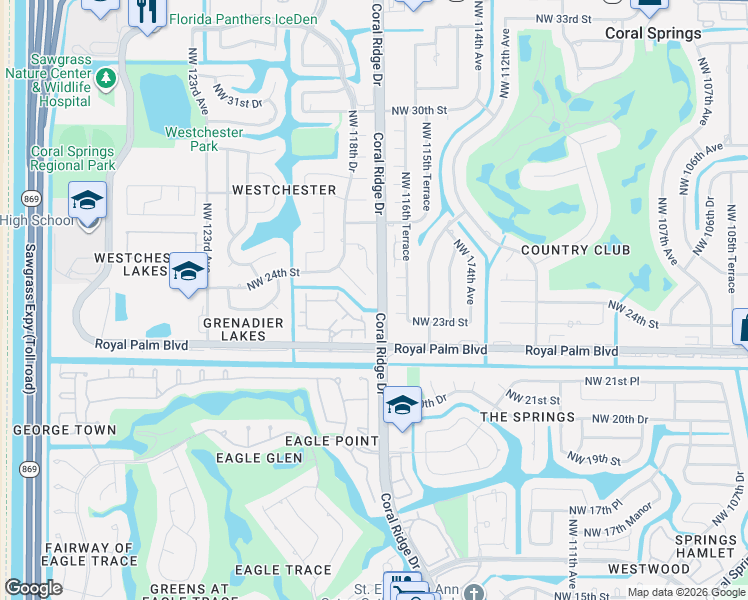 map of restaurants, bars, coffee shops, grocery stores, and more near 2400 Northwest 118th Terrace in Coral Springs