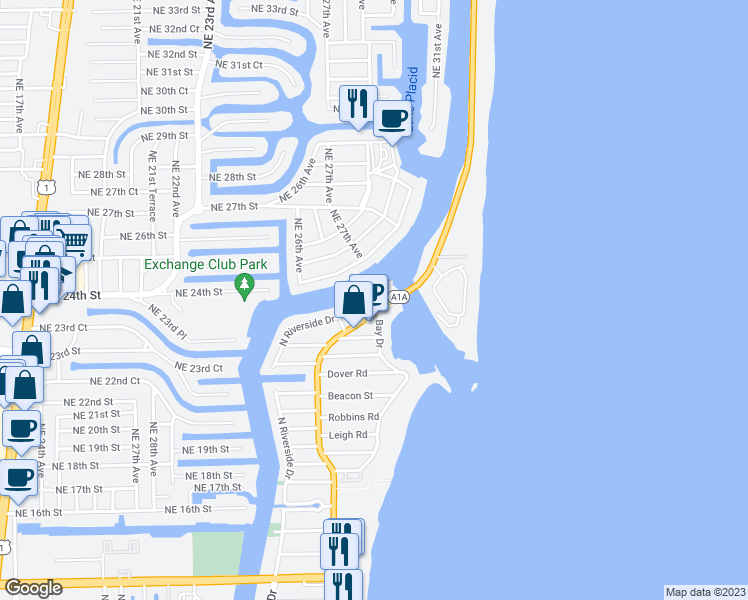 map of restaurants, bars, coffee shops, grocery stores, and more near 2608 North Ocean Boulevard in Pompano Beach