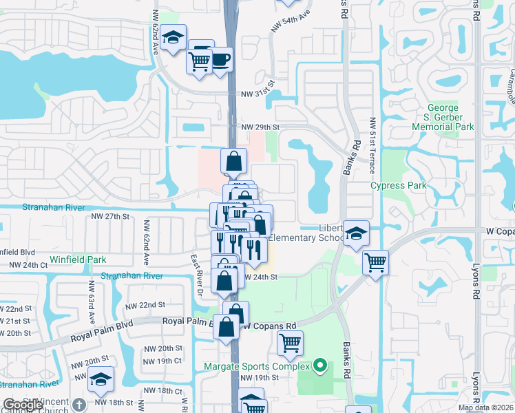 map of restaurants, bars, coffee shops, grocery stores, and more near 2722 Florida 7 in Margate