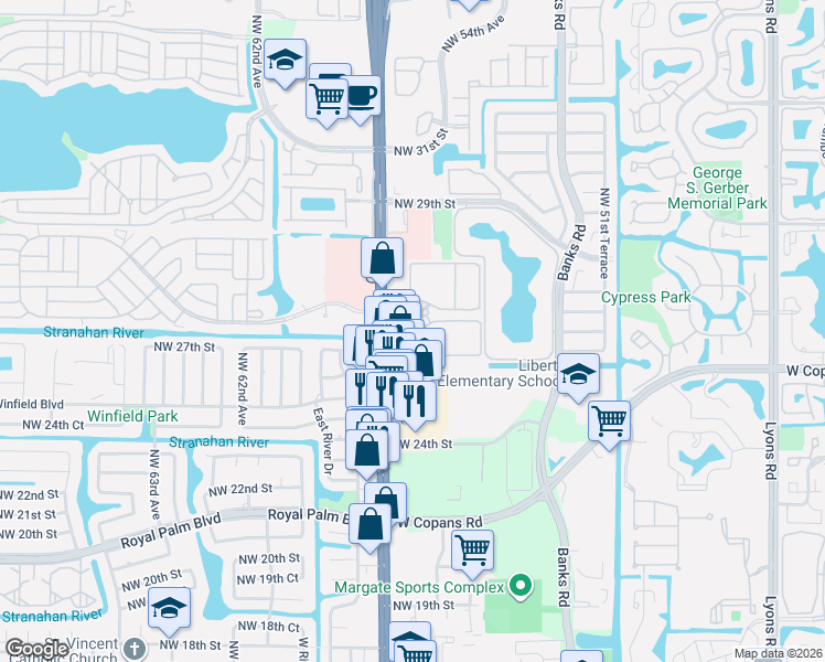 map of restaurants, bars, coffee shops, grocery stores, and more near 2722 Florida 7 in Margate
