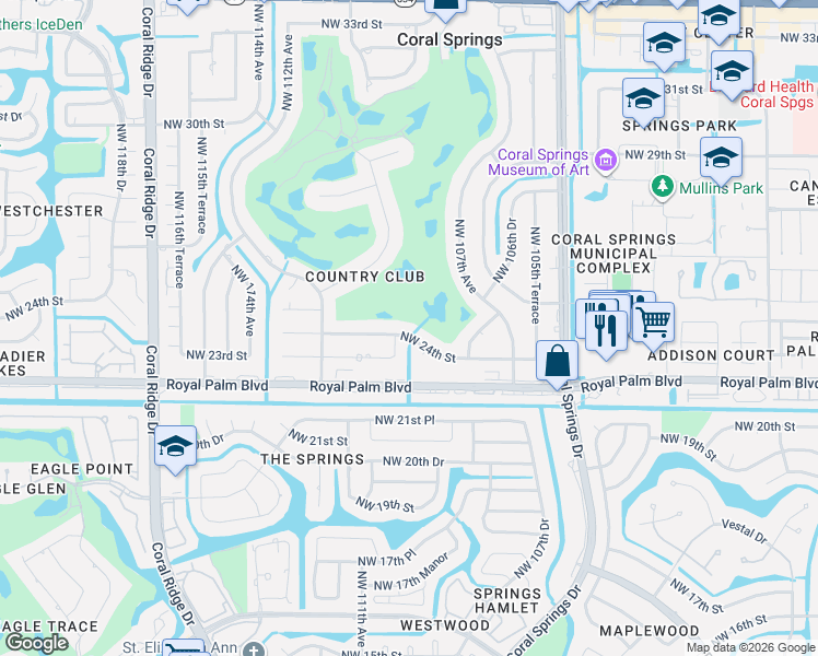 map of restaurants, bars, coffee shops, grocery stores, and more near 2399 Northwest 110th Avenue in Coral Springs