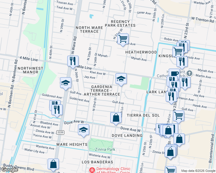map of restaurants, bars, coffee shops, grocery stores, and more near 3109 Heron Avenue in McAllen
