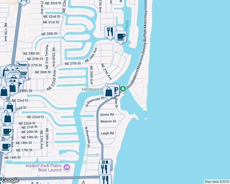 map of restaurants, bars, coffee shops, grocery stores, and more near 2608 North Ocean Boulevard in Pompano Beach