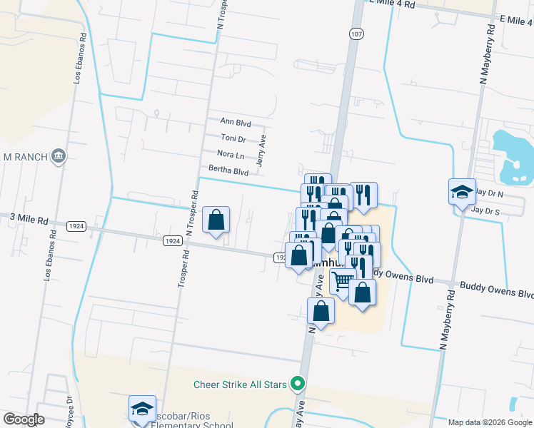 map of restaurants, bars, coffee shops, grocery stores, and more near 330 West Mile 3 Road in Palmhurst