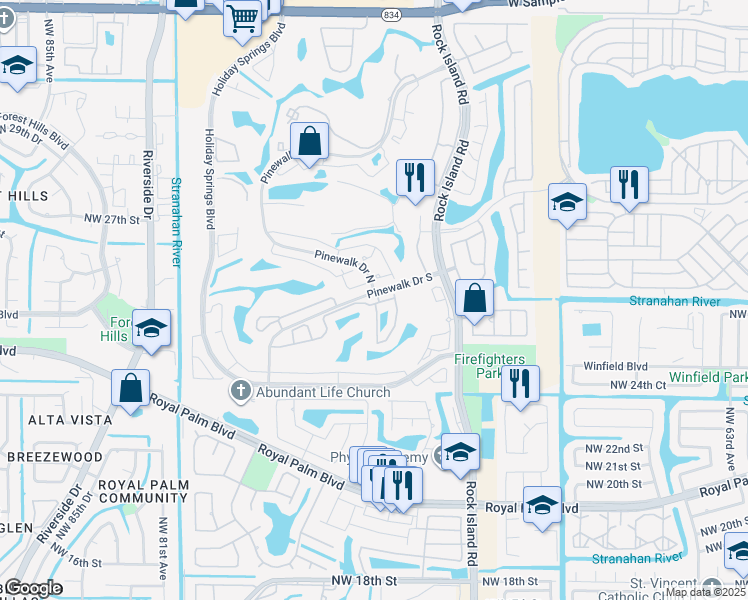 map of restaurants, bars, coffee shops, grocery stores, and more near 7458 Pinewalk Drive South in Margate