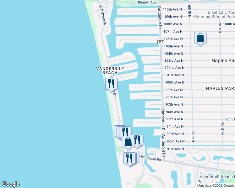 map of restaurants, bars, coffee shops, grocery stores, and more near 9876 Gulf Shore Drive in Naples