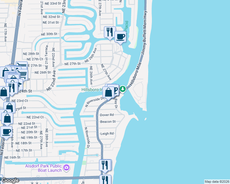 map of restaurants, bars, coffee shops, grocery stores, and more near 2608 North Ocean Boulevard in Pompano Beach