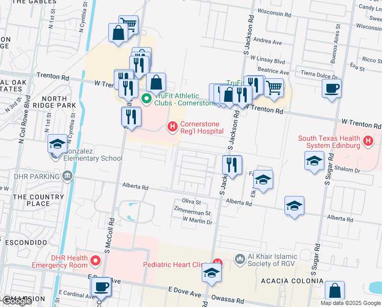 map of restaurants, bars, coffee shops, grocery stores, and more near 2511 Churchill Avenue in Edinburg