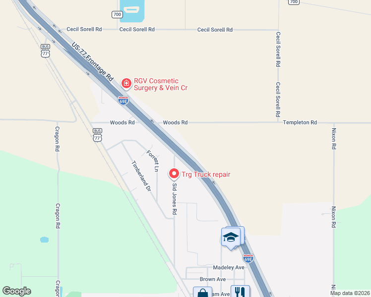 map of restaurants, bars, coffee shops, grocery stores, and more near 20588 U.S. 77 Frontage Road in Harlingen